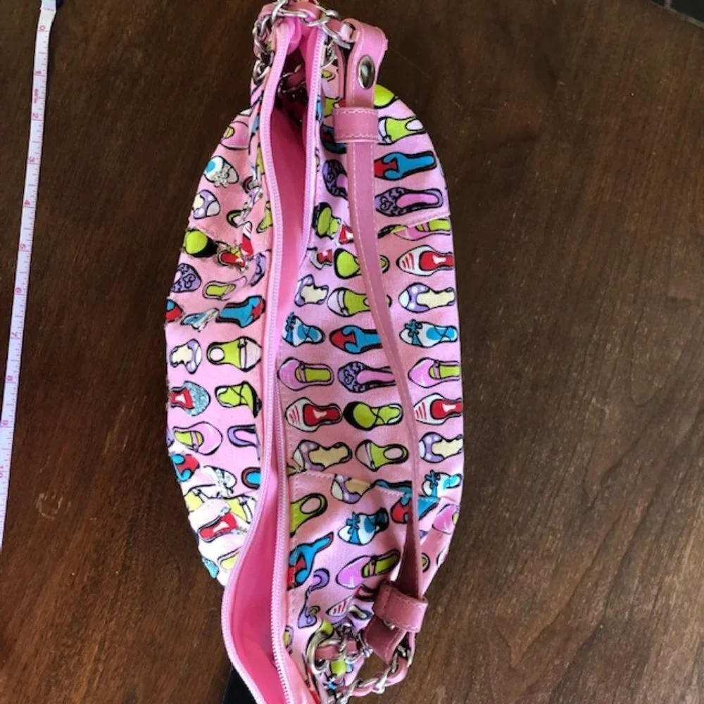 GIO CELLINI Bead Sequin Pink Canvas Shoe Print Hobo Shoulder Bag/Purse